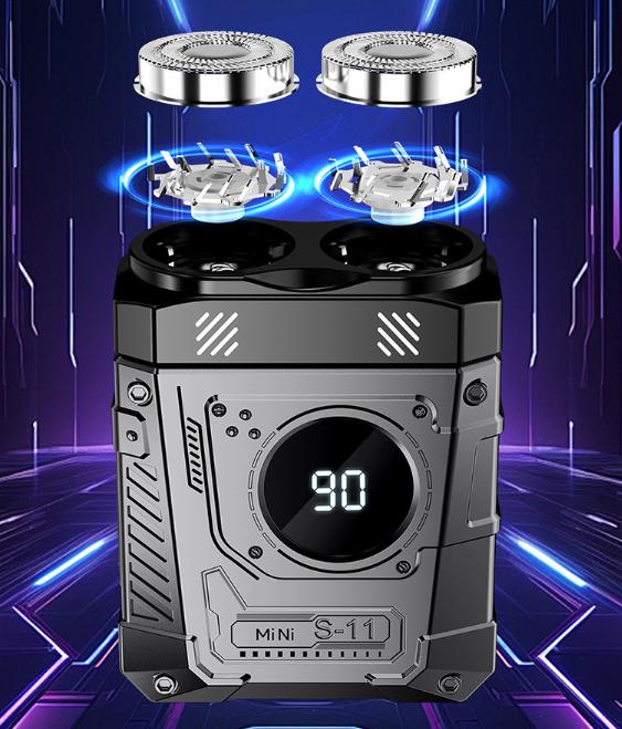 Green and Black Cyberpunk Mini Electric Shaver - Portable Dual-Head Razor with LED Display & USB-C Charging
