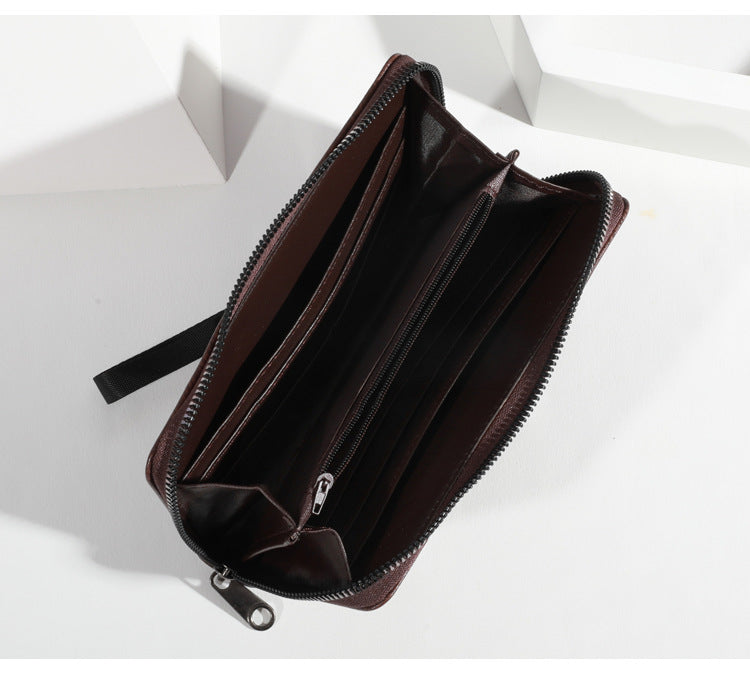 Brown Men's Long Zipper Wallet Clutch - PU Leather Wristlet with Phone and Card Slots
