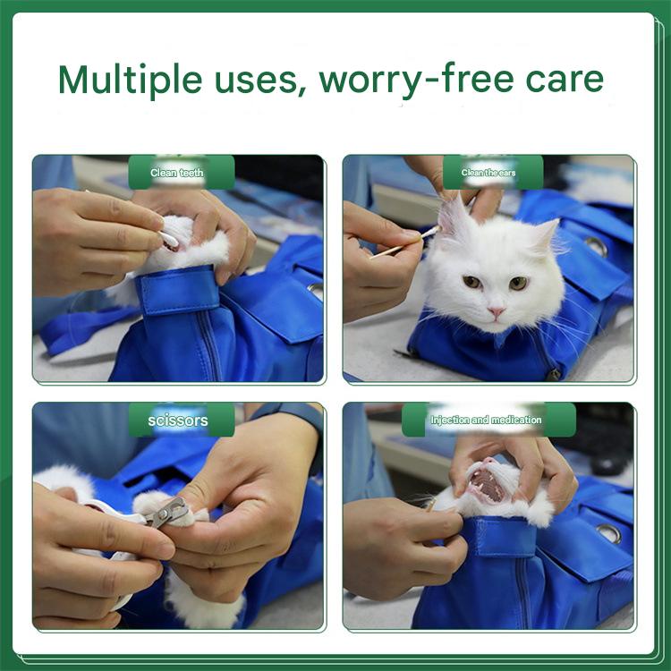 Size M Blue Multi-Functional Cat Grooming Bag - Anti-Scratch Restraint Pouch for Nail Trimming and Vet Visits