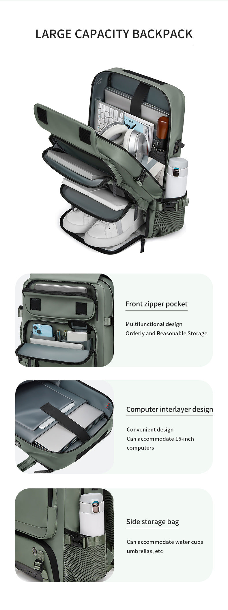4-in-1 Convertible Travel Backpack & Briefcase - Large Capacity, 16" Laptop Compartment, USB Port(Green)