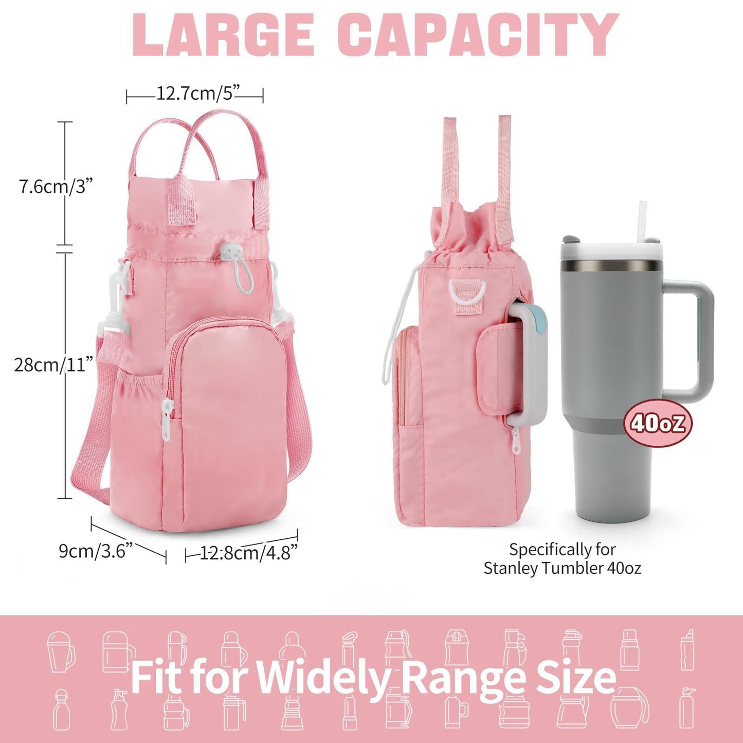 Pink Protective Crossbody Water Bottle Holder with Pockets, Fits 40oz Stanley Tumbler