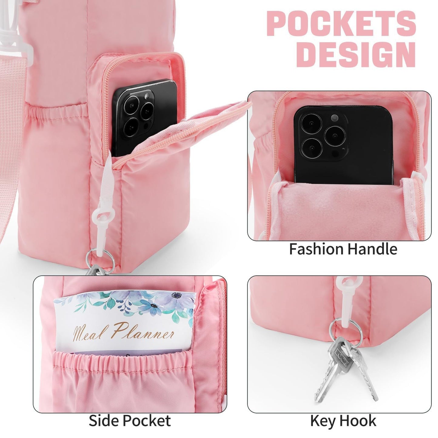 Pink Protective Crossbody Water Bottle Holder with Pockets, Fits 40oz Stanley Tumbler