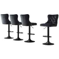 Artiss 4x Adjustable Velvet Bar Stools with Nailhead Trim - Black