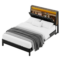 Artiss Double Bed Frame Black LED Storage Headboard Charging Station