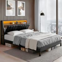 Artiss Queen Bed Frame Black LED Storage Headboard Charging Station