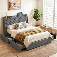 Artiss Double Bed Frame 4 Drawers Charcoal Wingback Charging 300kg