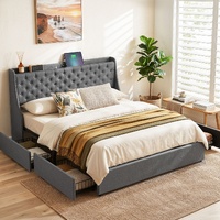 Artiss King Bed Frame 4 Drawers Charcoal Wingback Charging 300kg