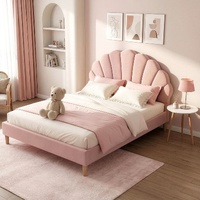 Artiss Double Bed Frame and Round Coffee Table Set Pink Velvet Bedhead with Wooden Side Table