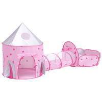 Keezi Kids Pop Up Play Tent Castle Crawl Tunnel Basketball Hoop Pink