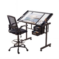 Artiss Drawing Table with Ergonomic Office Chair, Drafting Tables with Tempered Glass Desktop, Removable Drawers, Drafting Stool with Height Adjustabl