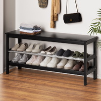 Artiss Shoe Rack Cabinet Bamboo Bench 10 Pairs Black