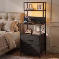 Artiss Tall Bedside Table Nightstand LED Charging Black