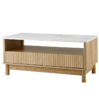 Artiss Coffee Table with Drawer Shelf Marble Effect White & Wood