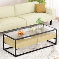 Artiss Coffee Table 2 Drawers Glass Top Pine