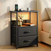 Artiss LED Bedside Table Black Nightstand Charging Station 2 Drawers