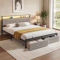 Artiss LINE King LED Metal Bed Frame with Charging & Drawers