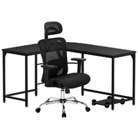 Artiss L-Shape Computer Desk 147CM Black with Mesh Chair