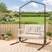 Gardeon Wooden 2-Seater Outdoor Swing Chair with Black Stand White Hanging Chair
