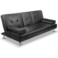 Artiss 3 Seater Convertible Leather Sofa Bed with Cupholder