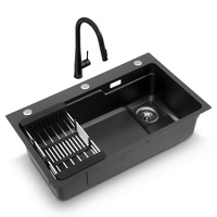 Cefito 75x45cm Stainless Steel Single Bowl Kitchen Sink with Pull Out Mixer Tap Black