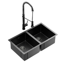 Cefito 77x45cm Stainless Steel Double Bowl Kitchen Sink with Pull Out Mixer Black