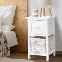 Artiss Rustic White Bedside Table 1 Drawer Basket x2