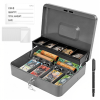 Cash Box With Security Locker And Security Cable, Money Box/Cash Tin With Money Tray For Saving Organizer-Grey