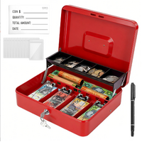 Cash Box With Security Locker And Security Cable, Money Box/Cash Tin With Money Tray For Saving Organizer-Red