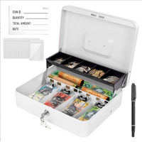 Cash Box With Security Locker And Security Cable, Money Box/Cash Tin With Money Tray For Saving Organizer-White