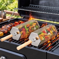 2Pcs Rolling Grill Basket with Removable Handle, 304 Stainless Steel BBQ Grilling Basket for Vegetables, Fish, Shrimp & Meat, Rotating Barbecue Cookin