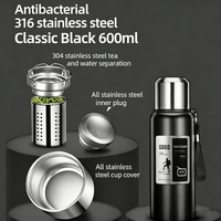 Antibacterial 316 Stainless Steel Vacuum Flask 600ml | Tea Infuser & Insulated Bottle for Hot/Cold Drinks (Black)