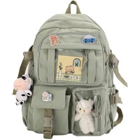 1 Children's Cute Backpack with Pins and Plush Pendant, Green, Waterproof School Backpack for Girls