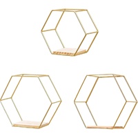 3 Pcs Gold Hexagon Wall Shelves, Floating Decorative Wire Wall Mounted Shelf, Multi-use Geometric Floating Shelves Metal Shelving for Bedroom Living R