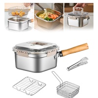 Induction Saucepan - Mini Deep Fryer - Milk Pan - Square Cooking Pot - Stainless Steel - With Frying Basket - Steaming Rack - Tongs - Glass Lid - Wood