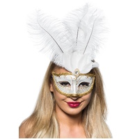 Heaven Costumes Tall Feather White Gold Masquerade Mask