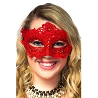 Heaven Costumes Red Masquerade Mask Glitter Floral Lace Overlay