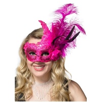 Heaven Costumes Hot Pink Lace Feather Glitter Masquerade Mask