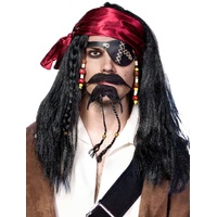 Heaven Costumes Caribbean Pirate Mens Long Black Wig & Head Scarf