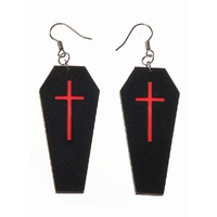 Heaven Costumes Black Leather Coffin Red Cross Earrings