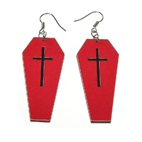Heaven Costumes Red Leather Coffin Black Cross Earrings