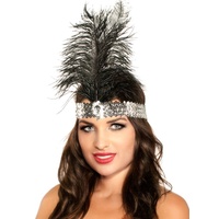 Heaven Costumes Silver Sequin Flapper Headband Black Feather