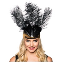 Tall Black Feather Showgirl Headpiece with Gold Sequins
