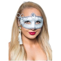 Heaven Costumes Tassel White & Silver Venetian Mask