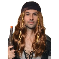 Heaven Costumes Long Brown Mens Pirate Wig with Bandana