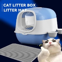 Large Enclosed Cat Litter Box Front Entry Blue with Mat & Scoop