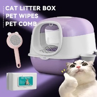 56cm Hooded Cat Litter Box Bundle with Pet Comb & Wipes - Purple