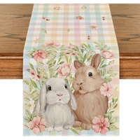 Bunny Rabbit Leaves Floral Easter Table Runner, Seasonal Spring Kitchen Dining Table Decoration for Home Party Decor 13x72 Inch