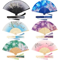 6 Pcs Folding Hand Fans for Line Dancing Foldable Chinese Fans for Women Girls Vintage Bamboo Handheld Silk Fabric Decorations for Wedding Dancing Par
