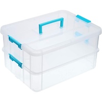 2-Tiers Stack Carry Storage Box With Handle, Transparent Stackable Storage Bin With Handle Lid Latching Storage Container for School & Office Supplies