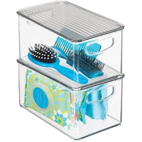 Deep Plastic Bathroom Storage Bin Box, Lid/Built-in Handles, Organization for Makeup, Hair Styling Tools, Toiletry Accessories in Cabinet, Shelves, Li